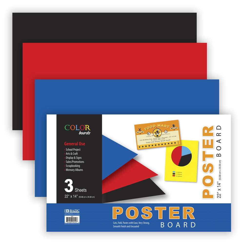 BAZIC 22 X 14 Asst. Color Poster Board (3/Pack) - Bazicstore